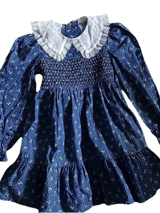 Polly Flinders Other - Girls Vintage Polly Flinders Blue Smocked Dress With White Bows Size 5